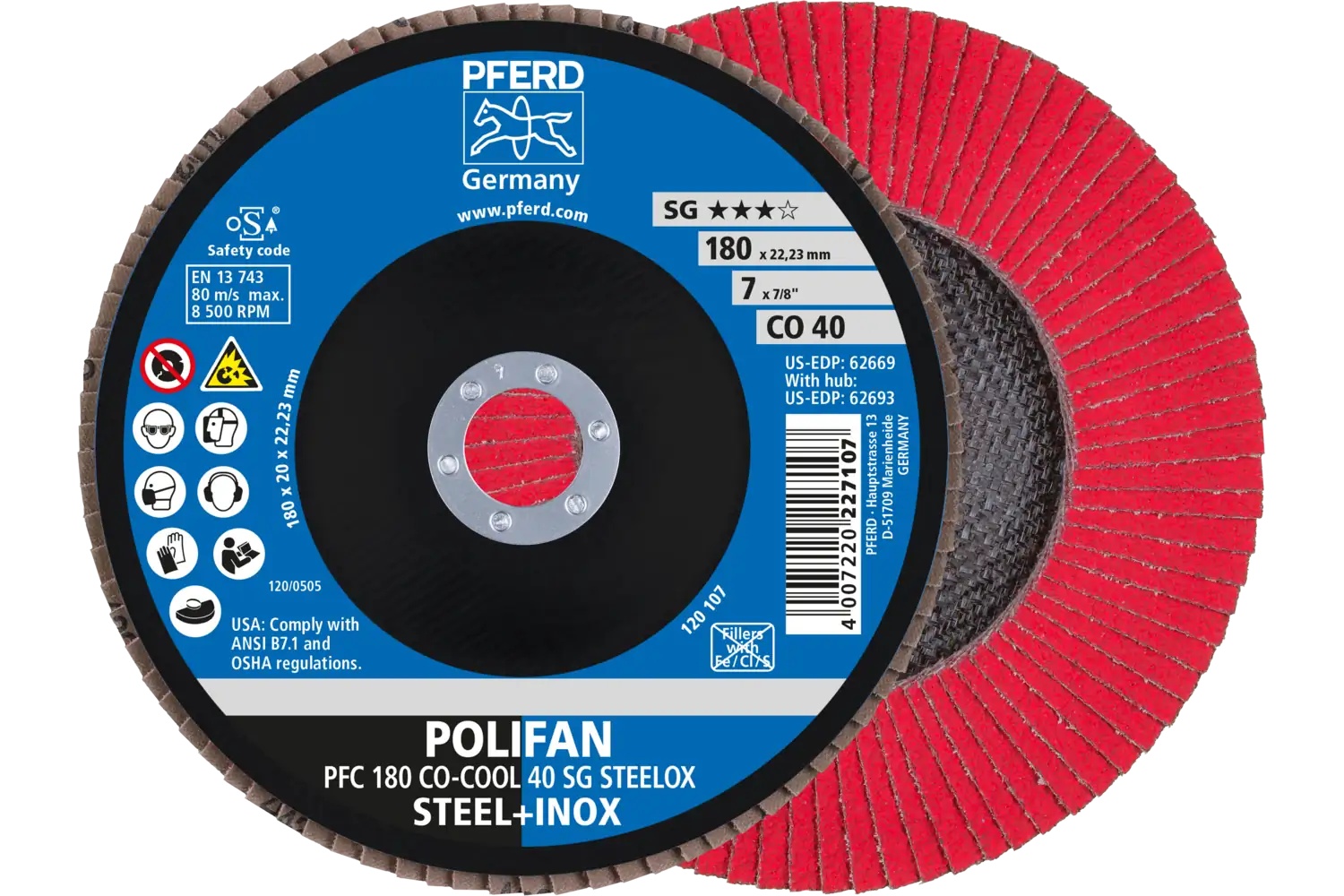Picture of Pferd Flap Disc, 7" x 7/8, Co-Cool SG Steelox, 40 Grit, T29, Conical, Ceramic oxide